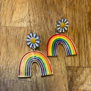 Rainbow and Daisy Dangle Post Enamel Earrings